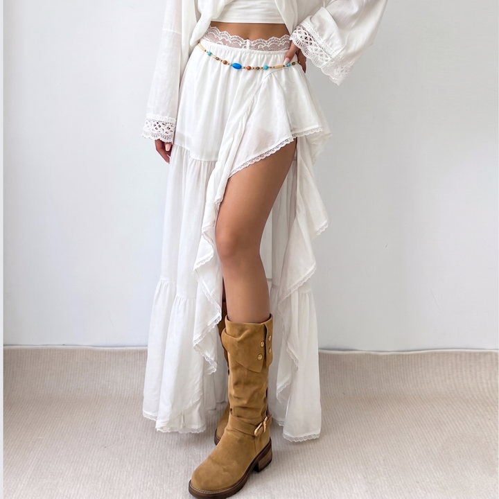Irregular ruched lace hem slit solid maxi skirt