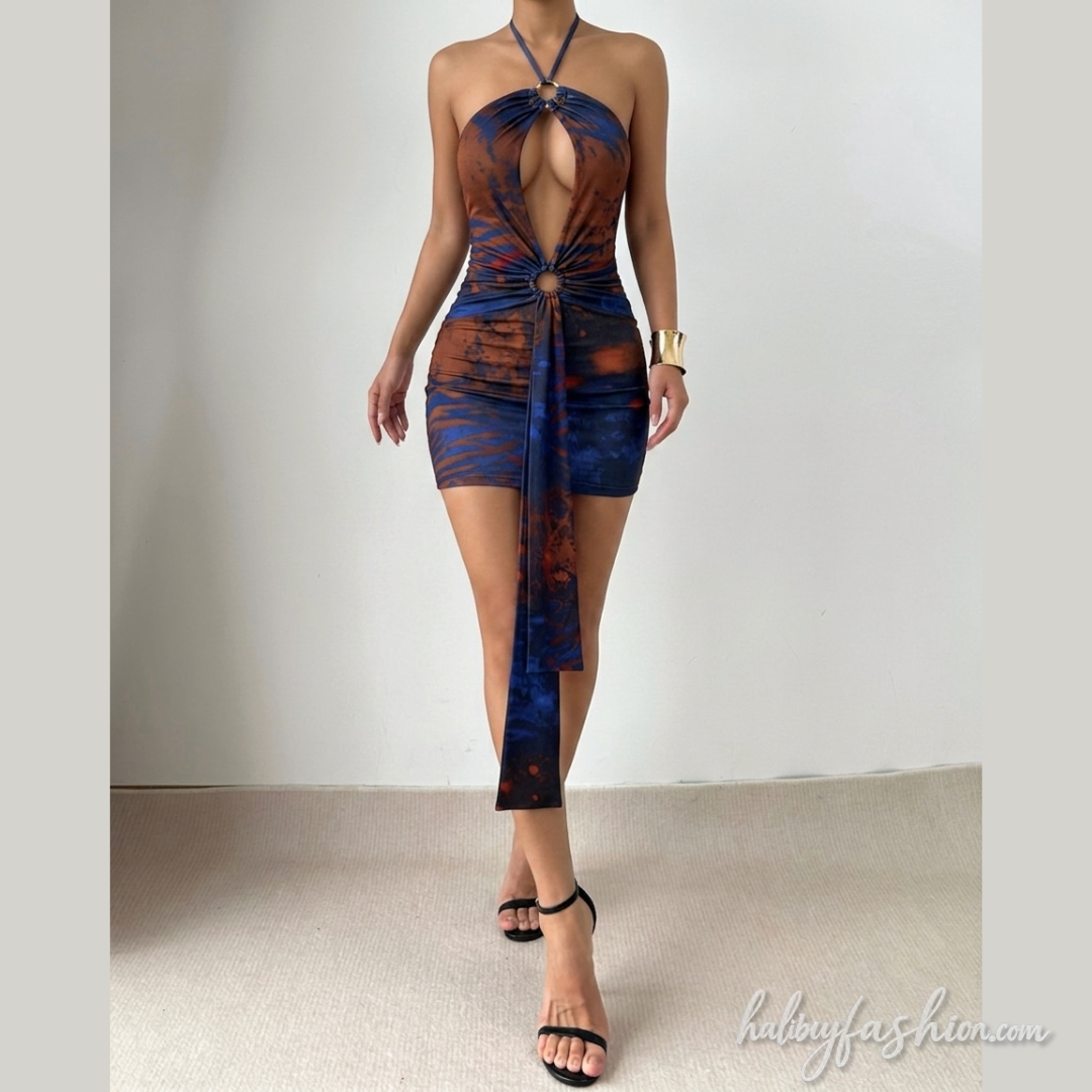 Ruched hollow out print self tie halter mini dress