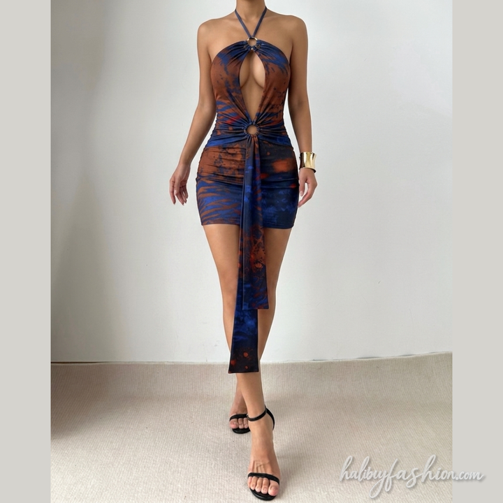 Ruched hollow out print self tie halter mini dress
