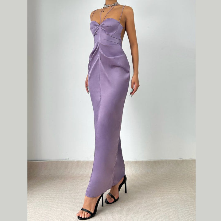 Padded satin ruched backless cami maxi dress  | Festival Outfits Women-final-sale