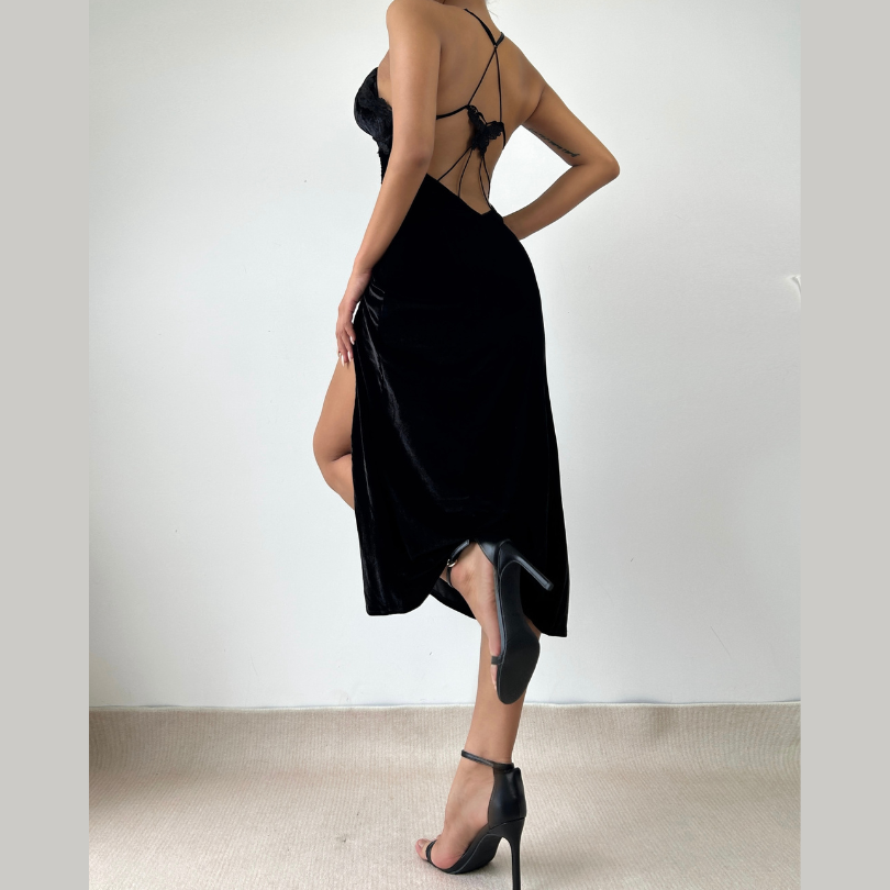 V neck butterfly applique ruched velvet cami maxi dress