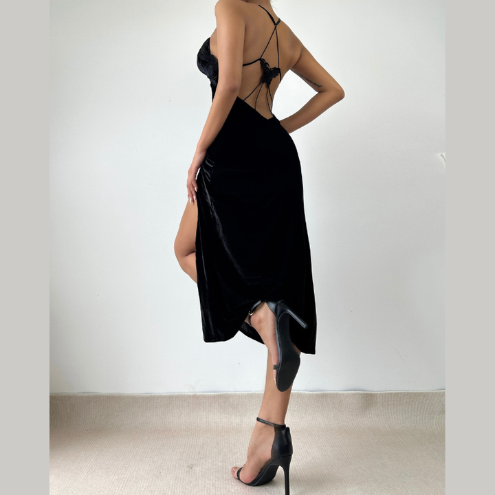 V neck butterfly applique ruched velvet cami maxi dress  | Festival Outfits Women
