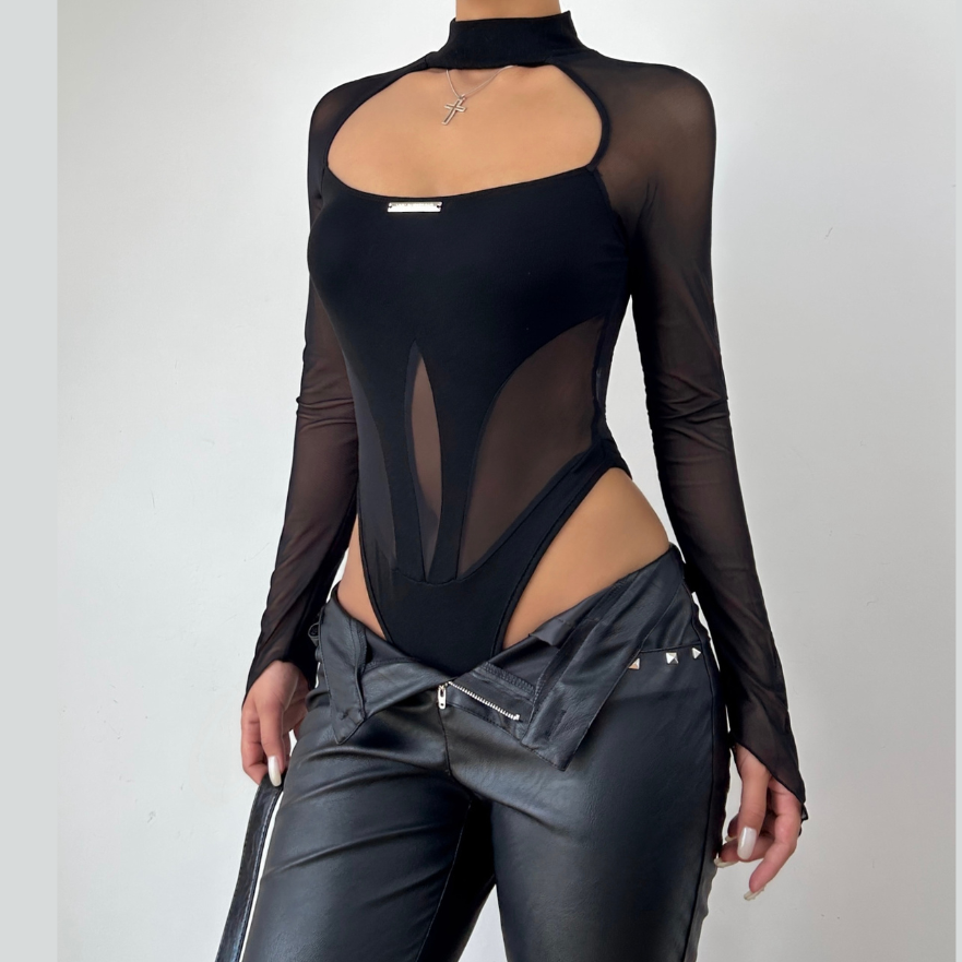Hollow out mesh patchwork long sleeve contrast bodysuit  | Festival Outfits Women
