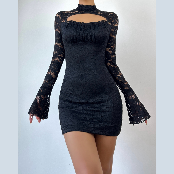 Long sleeve lace hollow out button cut out mini dress  | Festival Outfits Women-final-sale