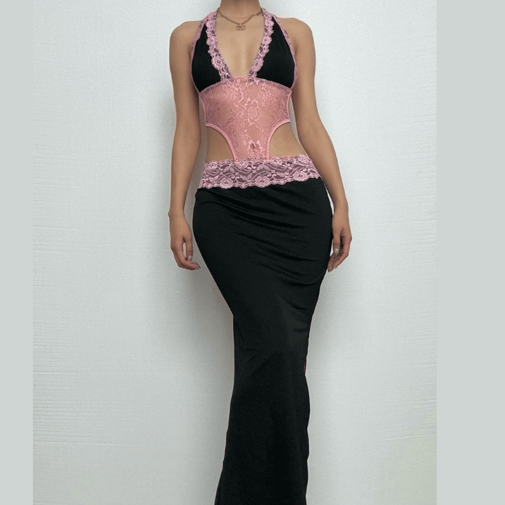 Rigar maxi mai laushi mai zurfi da wuyan Halter | Kayan Biki na Mata