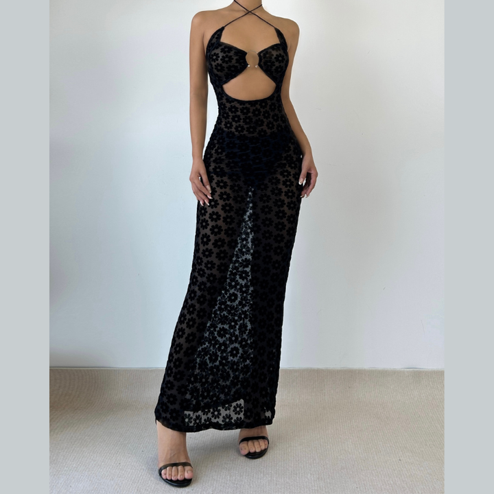 Mesh see through floral embroidery O ring hollow out halter cut out maxi dress
