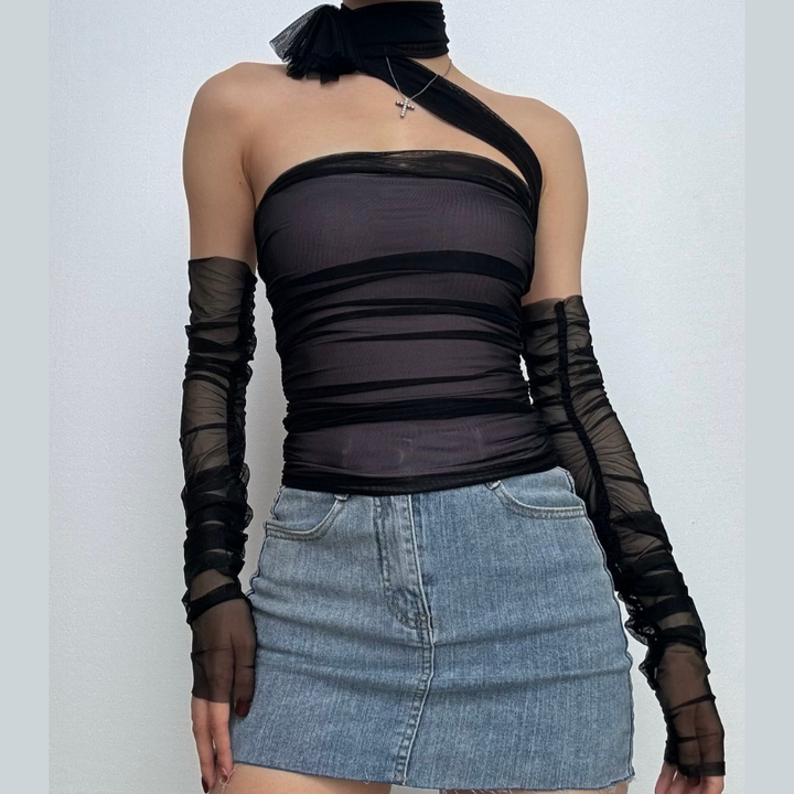 Halter off shoulder gloves mesh top  | Festival Outfits Women