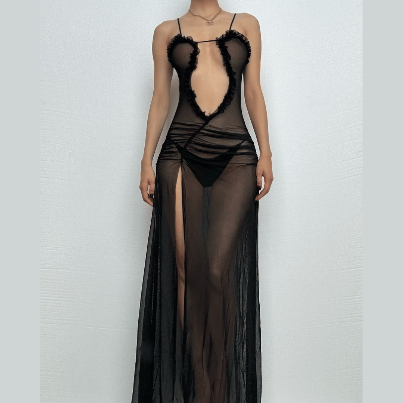 Sheer mesh hollow out ruched high slit cami cut out maxi dress  | Festival Outfits Women