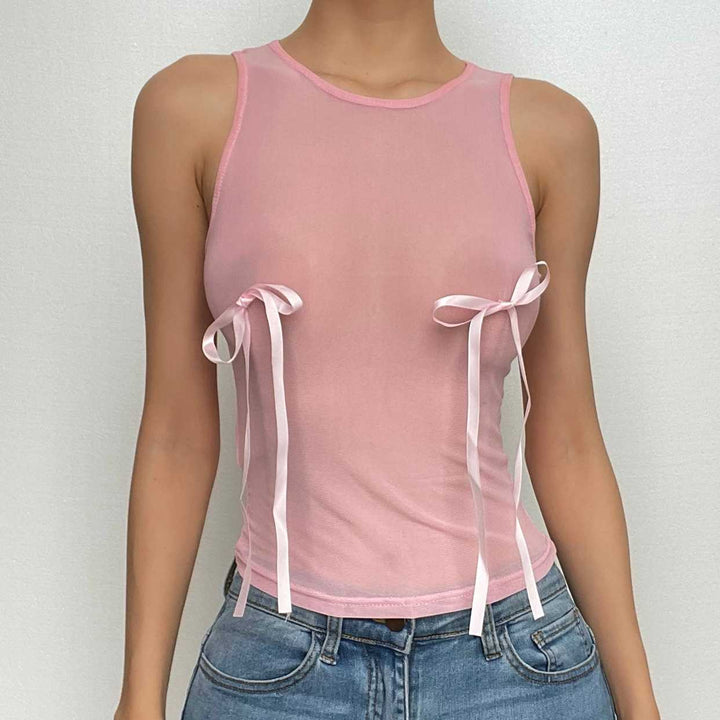 Sheer mesh see through bowknot sleeveless crewneck top - Final Sale