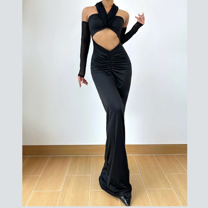 Long sleeve hollow out ruched mesh cut out maxi dress  | Festival Outfits Women
