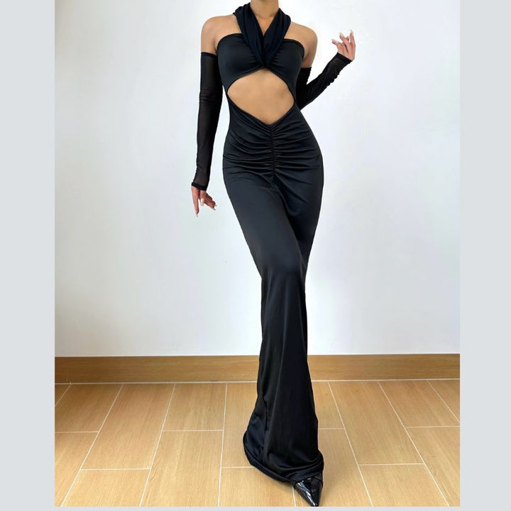 Long sleeve hollow out ruched mesh cut out maxi dress  | Festival Outfits Women