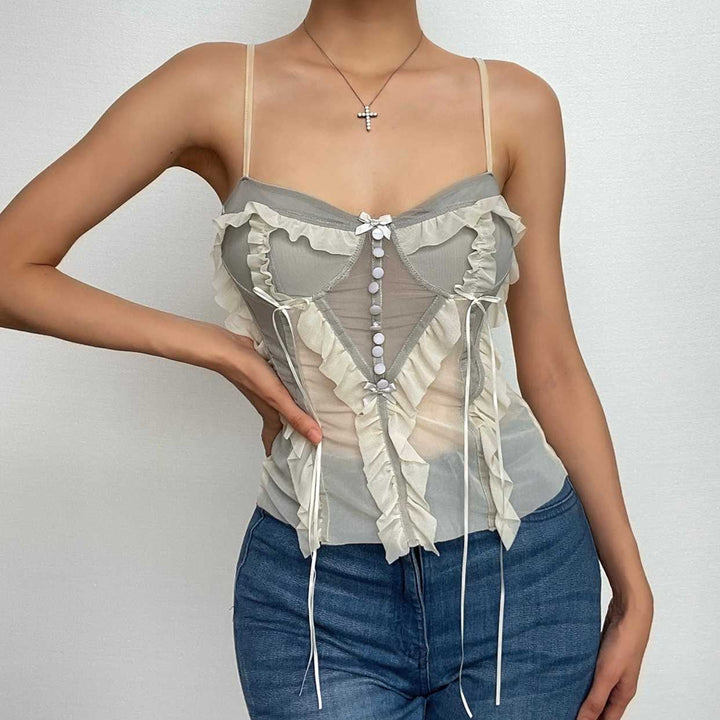 Mesh patchwork ruffle button contrast backless cami ruched skirt set-final-sale
