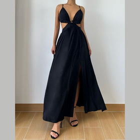 Hollow out deep v neck zip-up slit cami cut out maxi dress  | Festival Outfits Women
