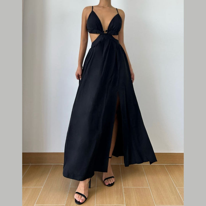 Hollow out deep v neck zip-up slit cami cut out maxi dress  | Festival Outfits Women