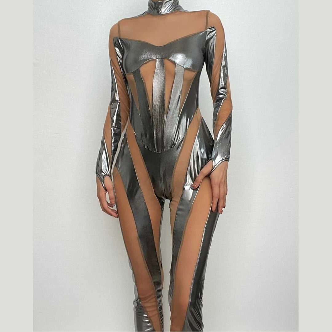Metallic zip-up long sleeve gloves mesh patchwork high neck jumpsuit-final-sale