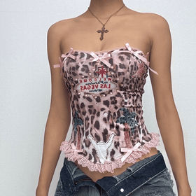 Bowknot leopard print lace hem backless tube top  | Festival Outfits Women  | Cheetah Print Top