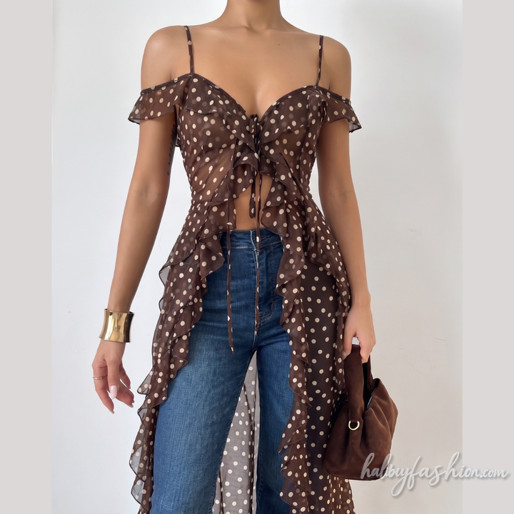 Off shoulder polka dot ruffle high slit cami top