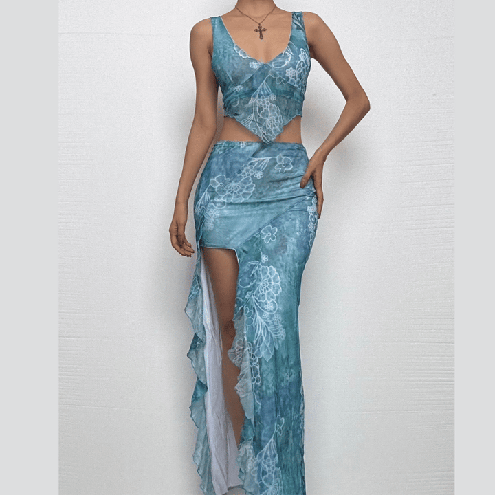 V neck slit knotted cami maxi skirt set  | Festival Outfits Women