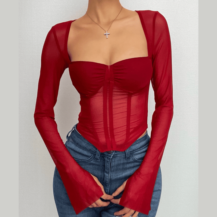 Corset mesh long sleeve solid ruched square neck crop top | Mesh Long Sleeve Crop Top  | Festival Outfits Women