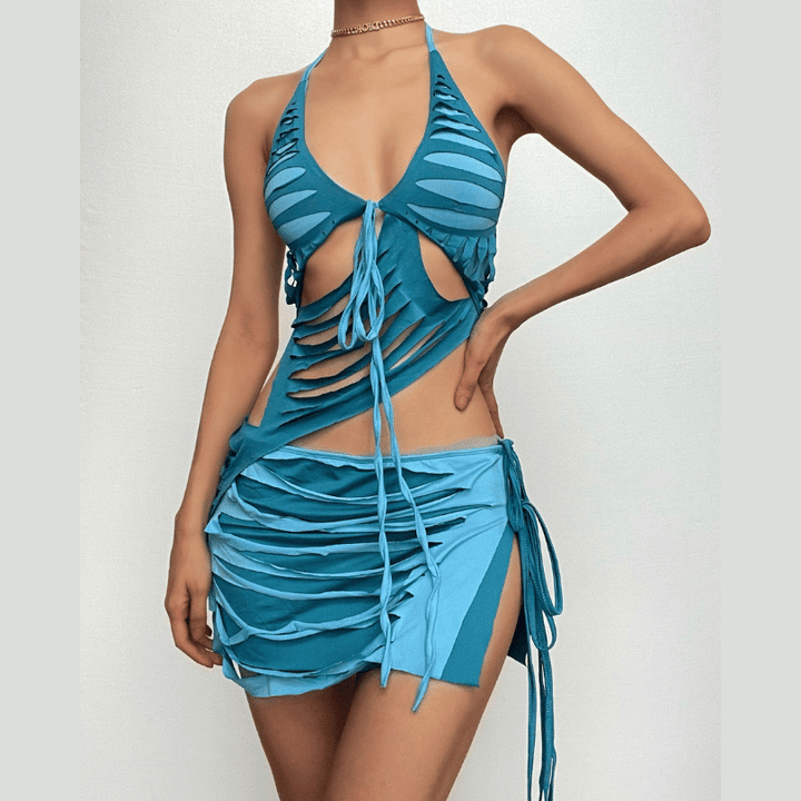 Contrast low cut hollow out self tie irregular mini skirt set-final-sale  | Festival Outfits Women