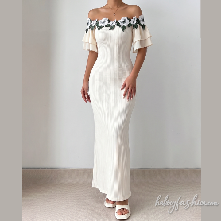 Off shoulder flower applique textured slit maxi dress