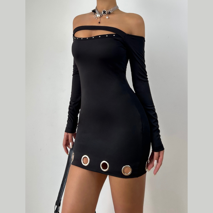 Off shoulder long sleeve hollow out cut out mini dress  | Festival Outfits Women