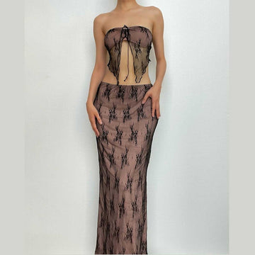 Lace contrast self tie backless tube maxi skirt set