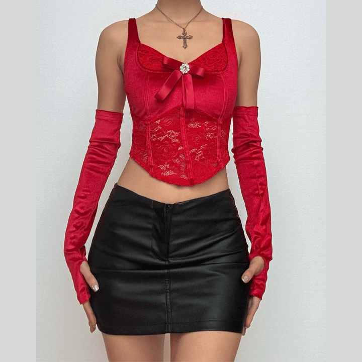 Gloves bowknot lace velvet patchwork cami top  | Festival Outfits Women