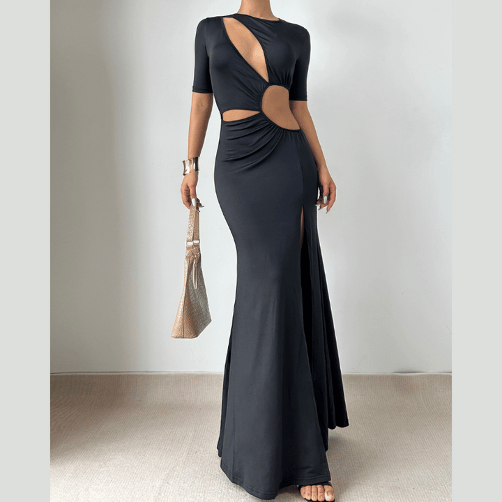 Crewneck hollow out slit long sleeve cut out maxi dress  | Festival Outfits Women