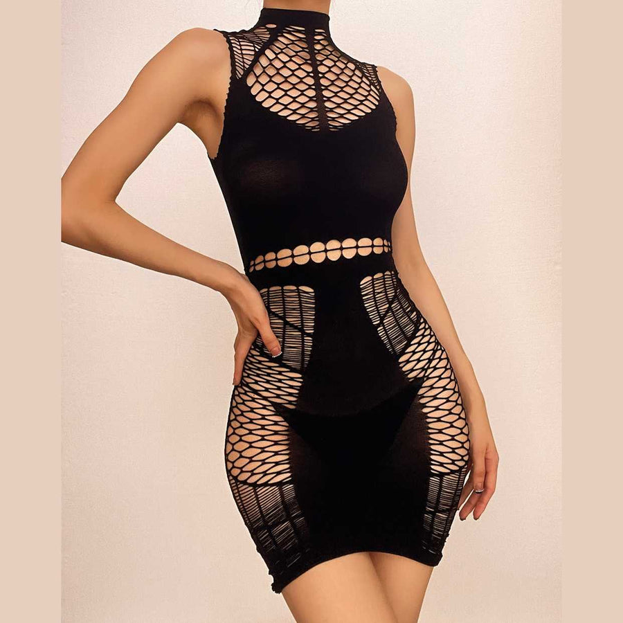 Fishnet sleeveless hollow out high neck see through mini dress