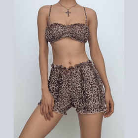 Leopard print ruffle ruched crop chiffon cami pant set  | Festival Outfits Women