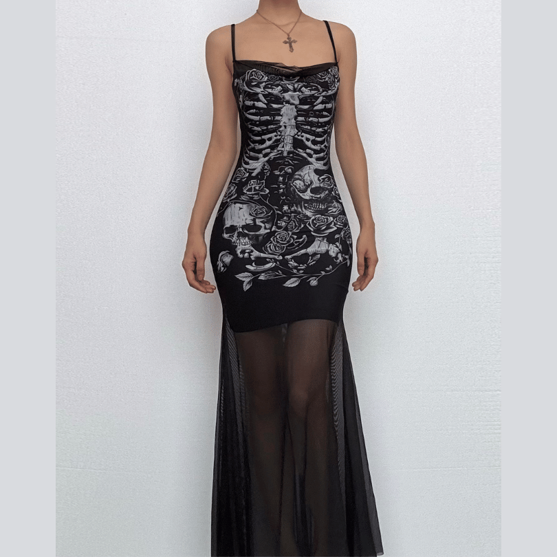 U neck skull print mesh backless cami maxi dress  | Festival Outfits Women-final-sale