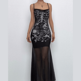U neck skull print mesh backless cami maxi dress  | Festival Outfits Women