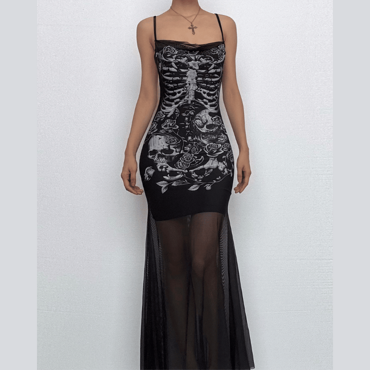 U neck skull print mesh backless cami maxi dress  | Festival Outfits Women-final-sale