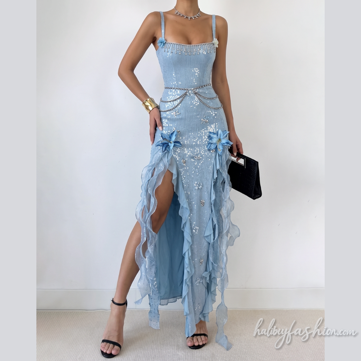 Glitter square neck flower applique cami maxi dress