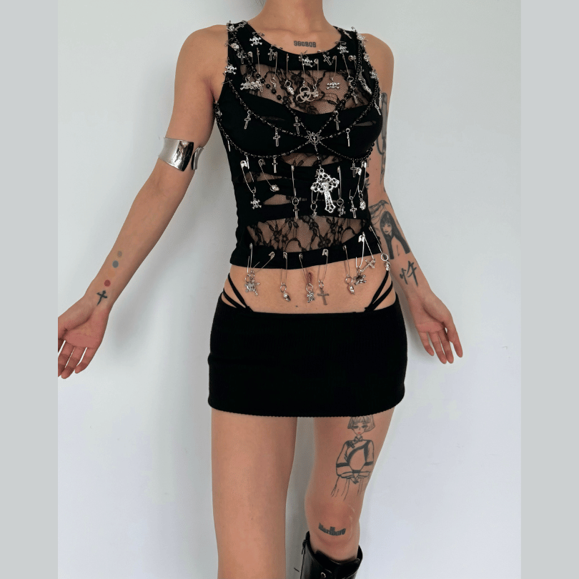 Sleeveless round neck beaded cross lace top-final-sale