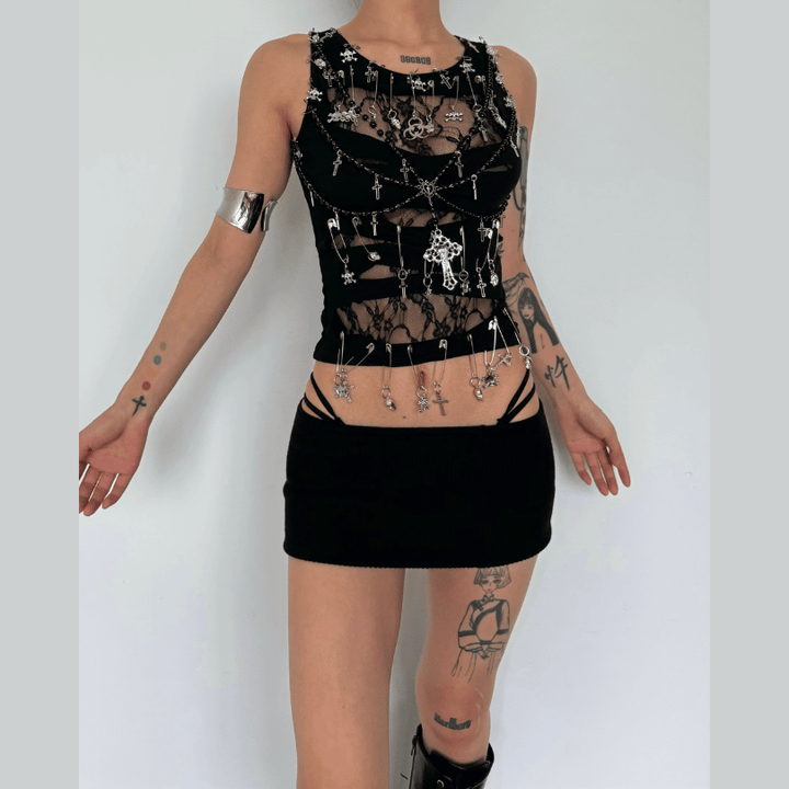 Sleeveless round neck beaded cross lace top-final-sale
