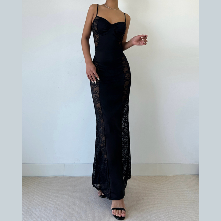 Lace slit v neck zip-up cami maxi dress
