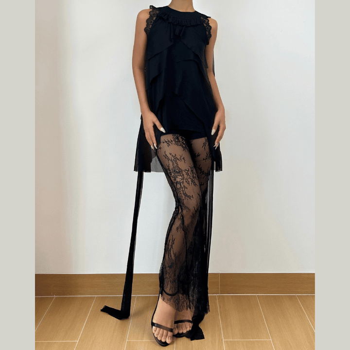 Crewneck lace hem mesh self tie solid top  | Festival Outfits Women-final-sale