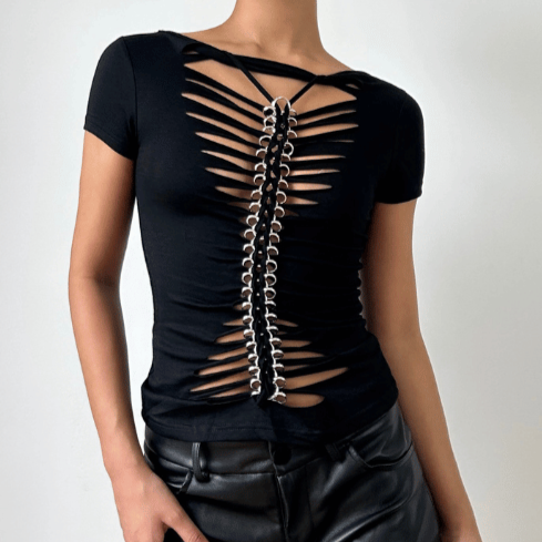 Short sleeve round neck hollow out 2-way cut out top  | Festival Outfits Women