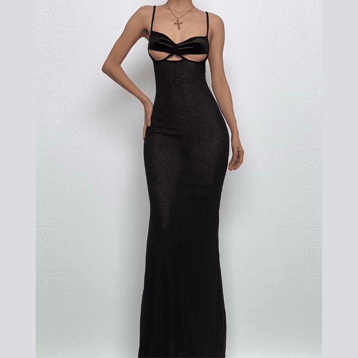 V neck hollow out backless see through cami cut out maxi dress-final-sale