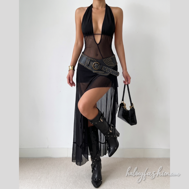 Halter self tie mesh slit irregular midi dress