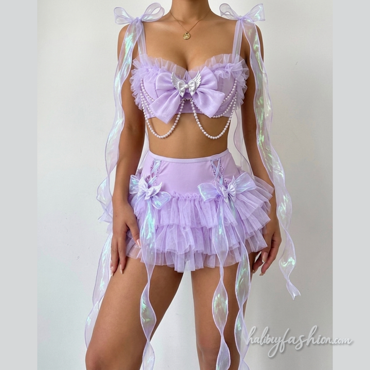 Beaded bowknot self tie ruched cami mini skirt set