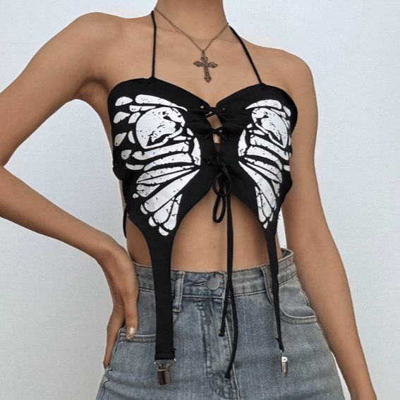 Halter butterfly print lace up backless top-final-sale