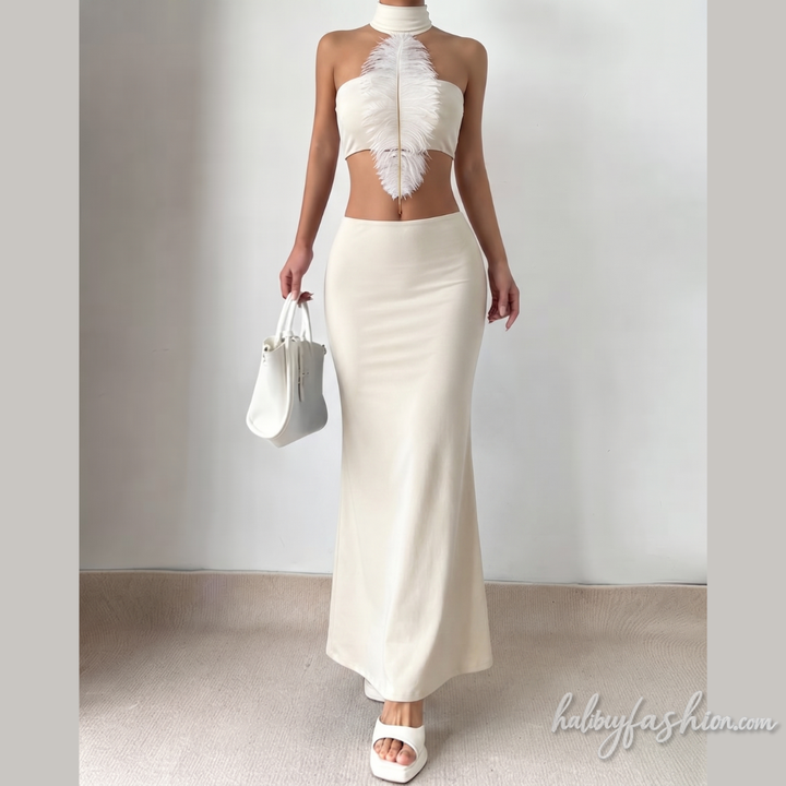 Halter self tie feather backless maxi skirt set