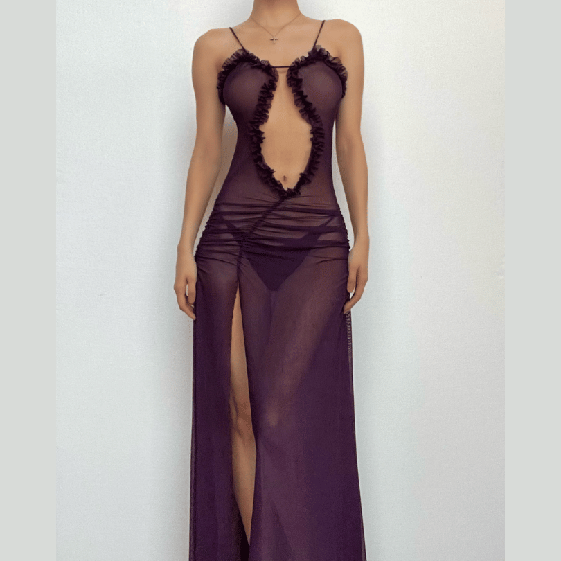 Sheer mesh hollow out ruched high slit cami cut out maxi dress  | Festival Outfits Women