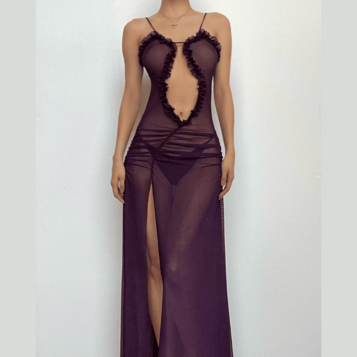 Sheer mesh hollow out ruched high slit cami cut out maxi dress  | Festival Outfits Women