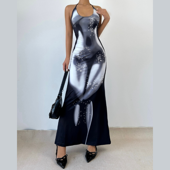 Halter self tie u neck body print o ring maxi dress  | Festival Outfits Women