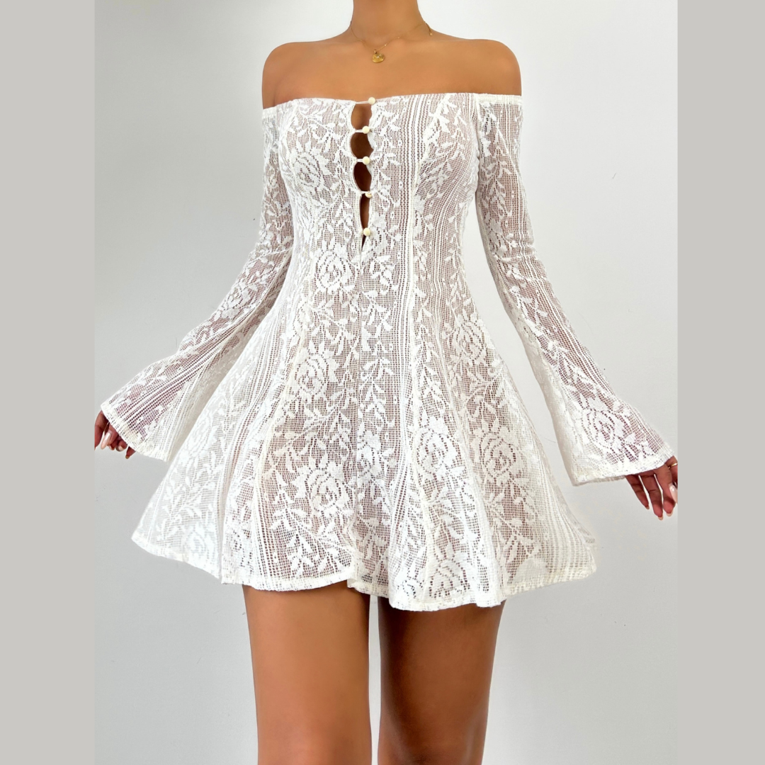 Off shoulder button hollow out cut out mini dress  | Festival Outfits Women-final-sale