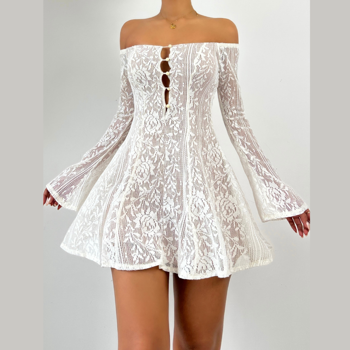 Off shoulder button hollow out cut out mini dress  | Festival Outfits Women-final-sale